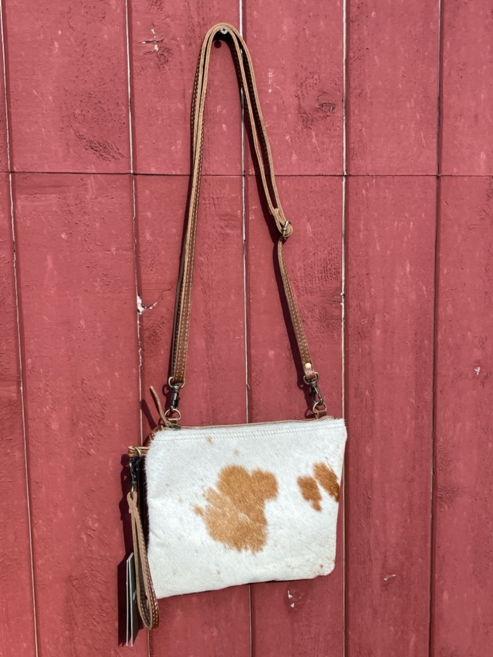 White & Brown Cowhide Crossbody Bag with Genuine Leather Accents and Wrist Strap